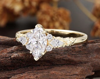Marquise Lab Diamond Engagement Ring, Yellow Gold Kite Round Cluster Ring, Vintage Leaf Carved Bridal Ring