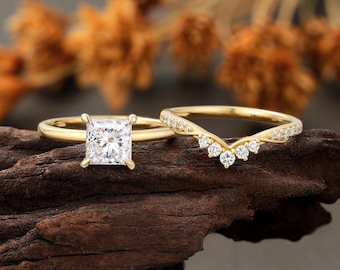 Princess Cut Lab Diamond Bridal Set, Solitaire Engagement Ring, Yellow Gold Curved Wedding Band