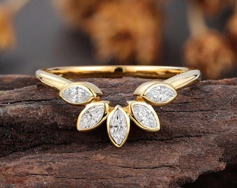 Lab Diamond Marquise Wedding Band, Yellow Gold Bezel Chevron Ring, Crown Cluster Nesting Bridal Ring