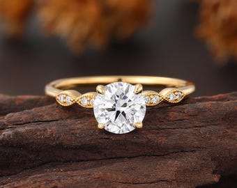 Round Lab Grown Diamond Engagement Ring, Vintage Yellow Gold Milgrain Bridal Jewelry