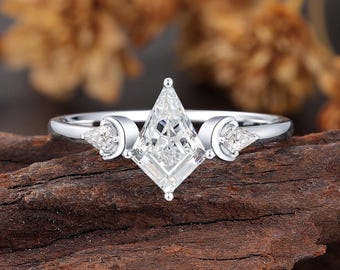 Lab Diamond Kite Cut Engagement Ring, White Gold Crescent Moon Ring, Vintage Celestial Bridal Jewelry