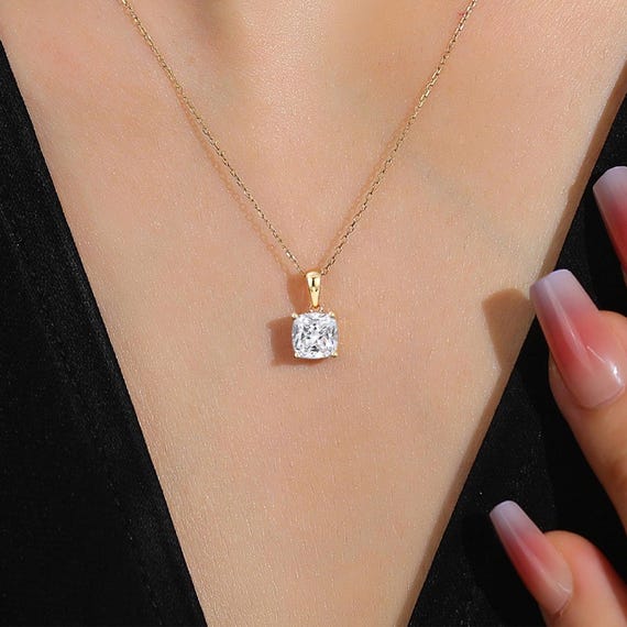 1 CT Cushion Cut Lab Diamond Necklace, Solitaire Lab Grown Diamond Pendant, Silver Jewelry Women, Anniversary Gift, Solid Gold Necklace