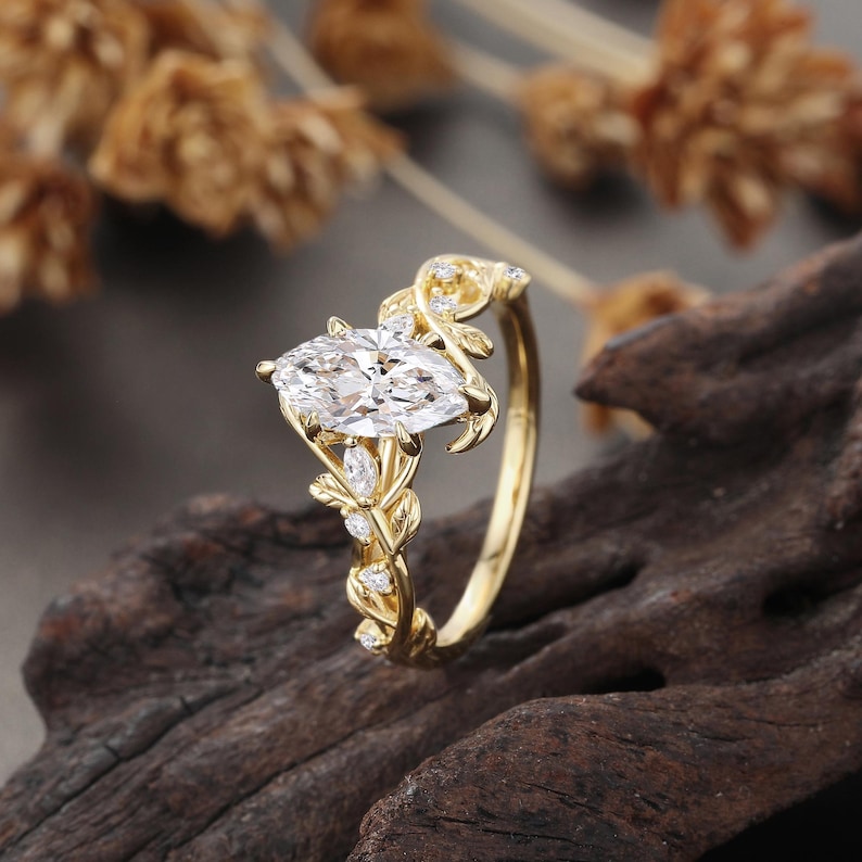 Marquise Cut Lab Diamond Engagement Ring,Yellow Gold Twisted Ring, Unique Bypass Leaf Wedding Ring, Nature Inspired Anniversary Ring Women,Rose Gold, White Gold, Yellow Gold, Solid 10K/14K/18K Gold, Platinum Ring for Her, Anniversary Gifts for Women