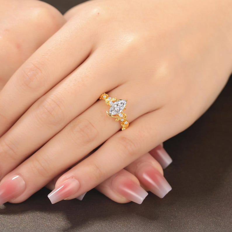 Marquise Cut Lab Diamond Engagement Ring,Yellow Gold Twisted Ring, Unique Bypass Leaf Wedding Ring, Nature Inspired Anniversary Ring Women,Rose Gold, White Gold, Yellow Gold, Solid 10K/14K/18K Gold, Platinum Ring for Her, Anniversary Gifts for Women