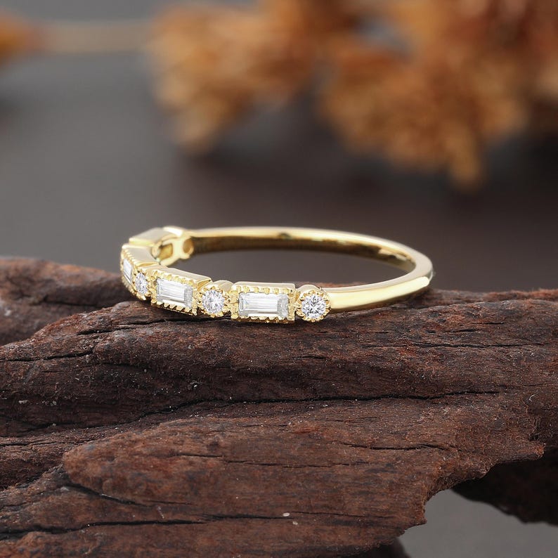 Vintage Yellow Gold Lab Diamond Ring, Baguette Cut Wedding Band, Half ...