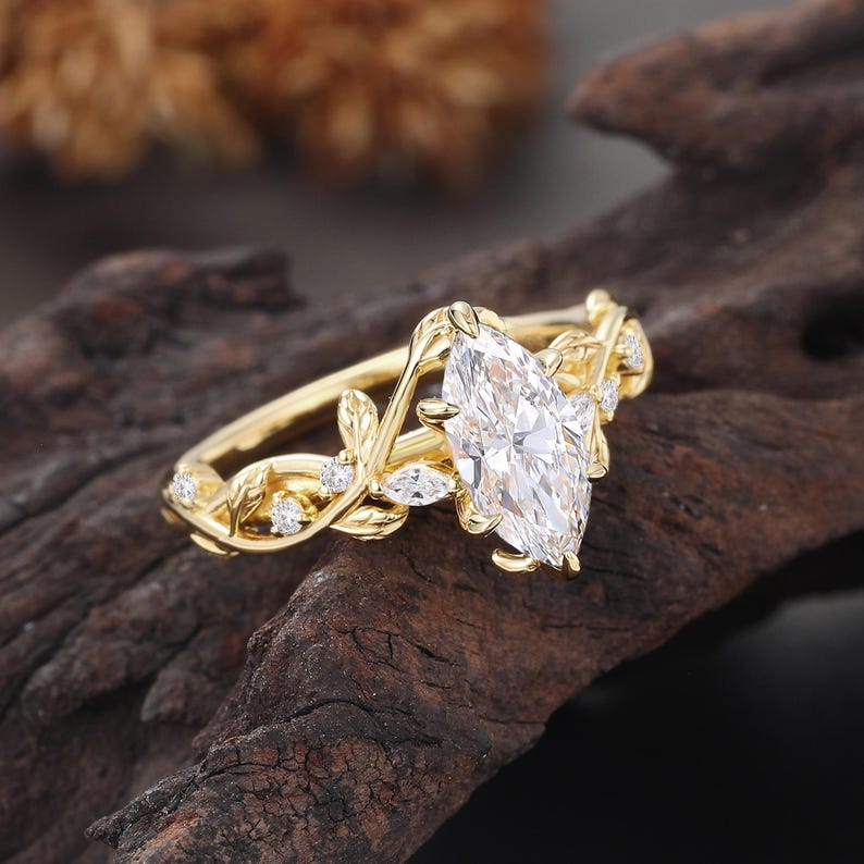 Marquise Cut Lab Diamond Engagement Ring,Yellow Gold Twisted Ring, Unique Bypass Leaf Wedding Ring, Nature Inspired Anniversary Ring Women,Rose Gold, White Gold, Yellow Gold, Solid 10K/14K/18K Gold, Platinum Ring for Her, Anniversary Gifts for Women