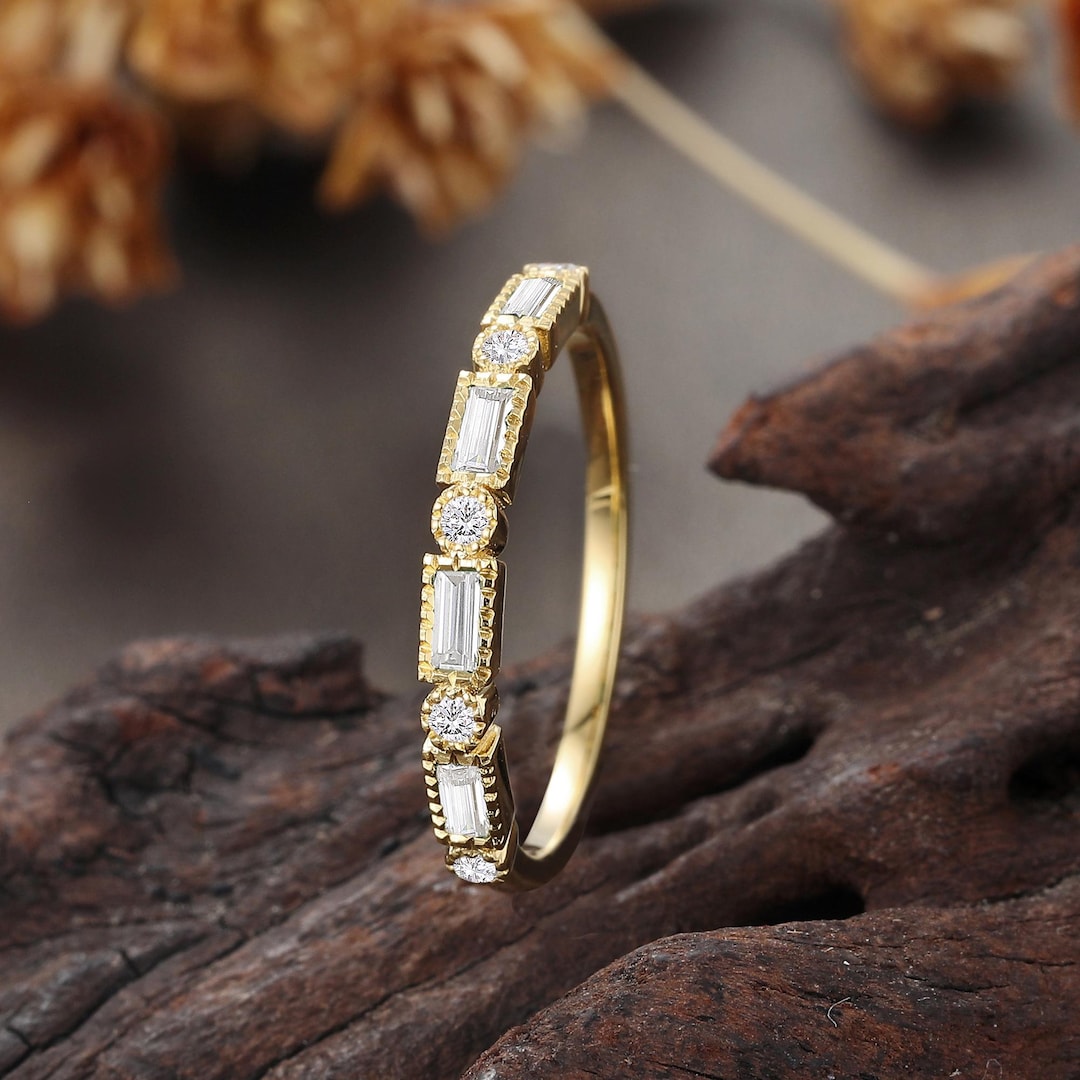 Gold Lab Ring Vintage Yellow Gold Lab Diamond Ring, Baguette Cut Wedding Band, Half ...
