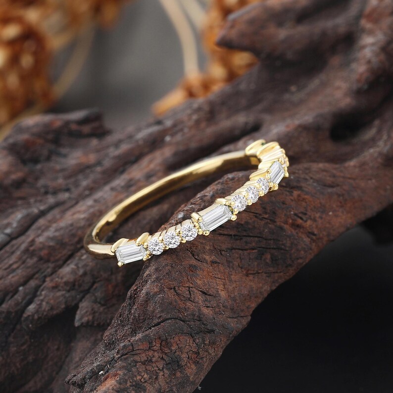 Baguette & Round Lab Diamond Wedding Band, Yellow Gold Half Eternity ...