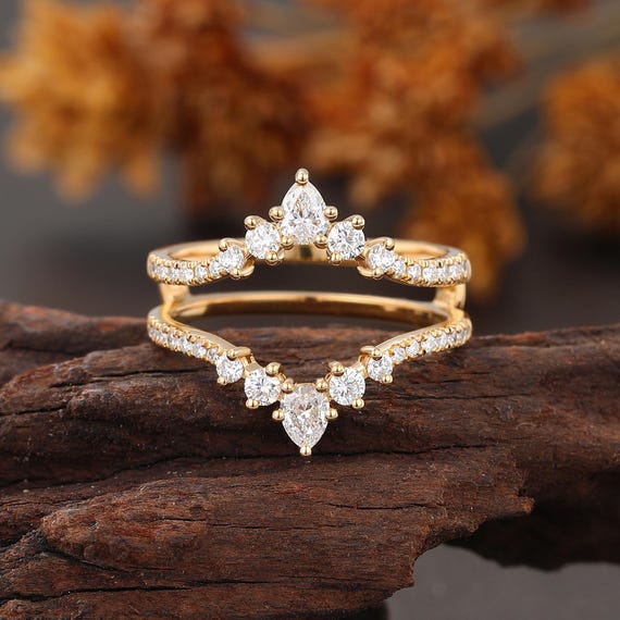 Pear Shaped Lab Diamond Ring, Yellow Gold Enhancer Band, Half
