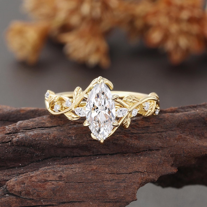 Marquise Cut Lab Diamond Engagement Ring,Yellow Gold Twisted Ring, Unique Bypass Leaf Wedding Ring, Nature Inspired Anniversary Ring Women,Rose Gold, White Gold, Yellow Gold, Solid 10K/14K/18K Gold, Platinum Ring for Her, Anniversary Gifts for Women