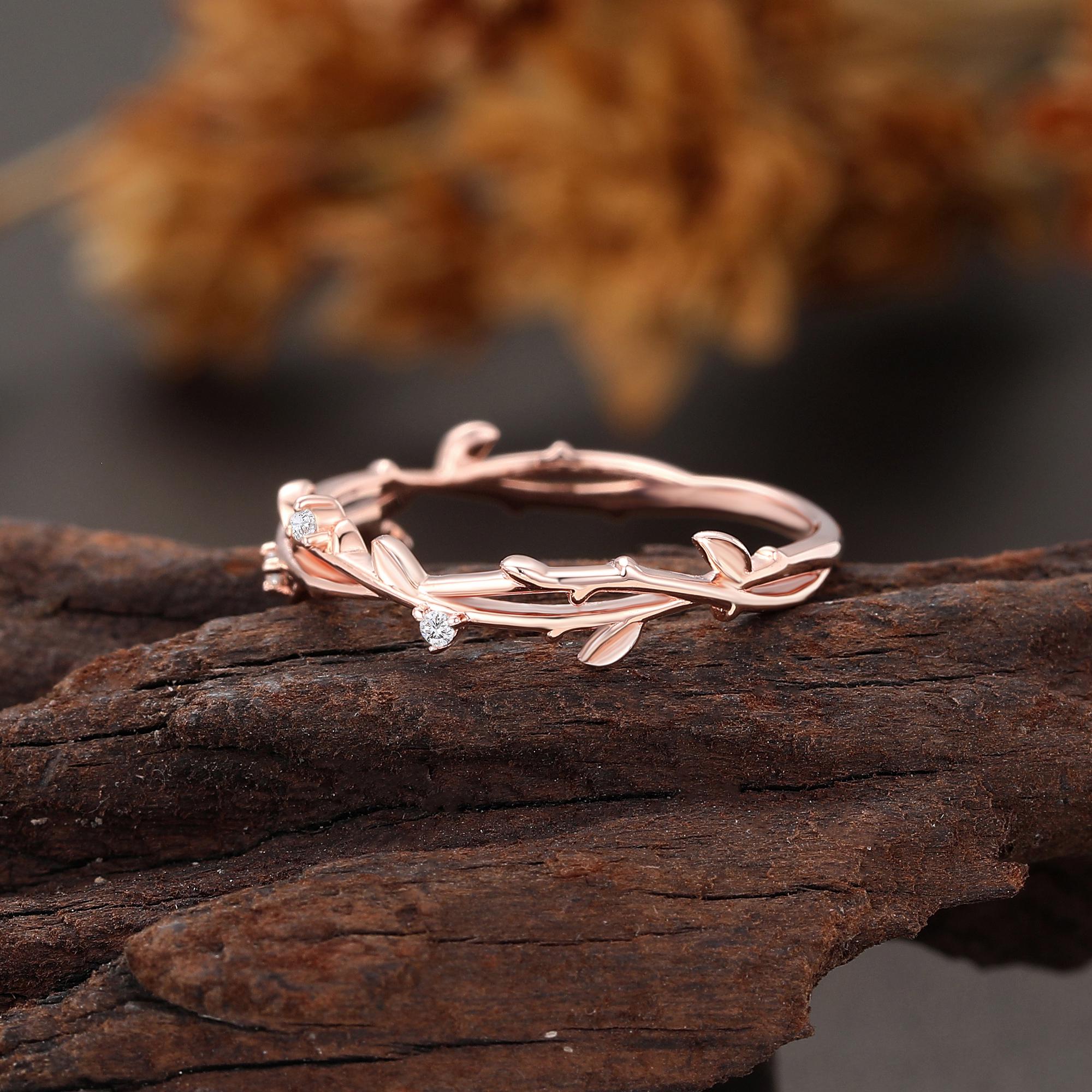 Rose Gold Lab Grown Diamond Twig Leaf Ring, Nature Inspired