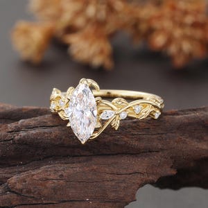 Marquise Cut Lab Diamond Engagement Ring,Yellow Gold Twisted Ring, Unique Bypass Leaf Wedding Ring, Nature Inspired Anniversary Ring Women,Rose Gold, White Gold, Yellow Gold, Solid 10K/14K/18K Gold, Platinum Ring for Her, Anniversary Gifts for Women