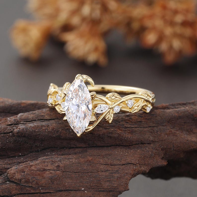 Marquise Cut Lab Diamond Engagement Ring,Yellow Gold Twisted Ring, Unique Bypass Leaf Wedding Ring, Nature Inspired Anniversary Ring Women,Rose Gold, White Gold, Yellow Gold, Solid 10K/14K/18K Gold, Platinum Ring for Her, Anniversary Gifts for Women
