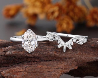 Oval Lab Diamond Engagement Ring, White Gold Vintage Milgrain Wedding Band, Chevron Cluster Bridal Set