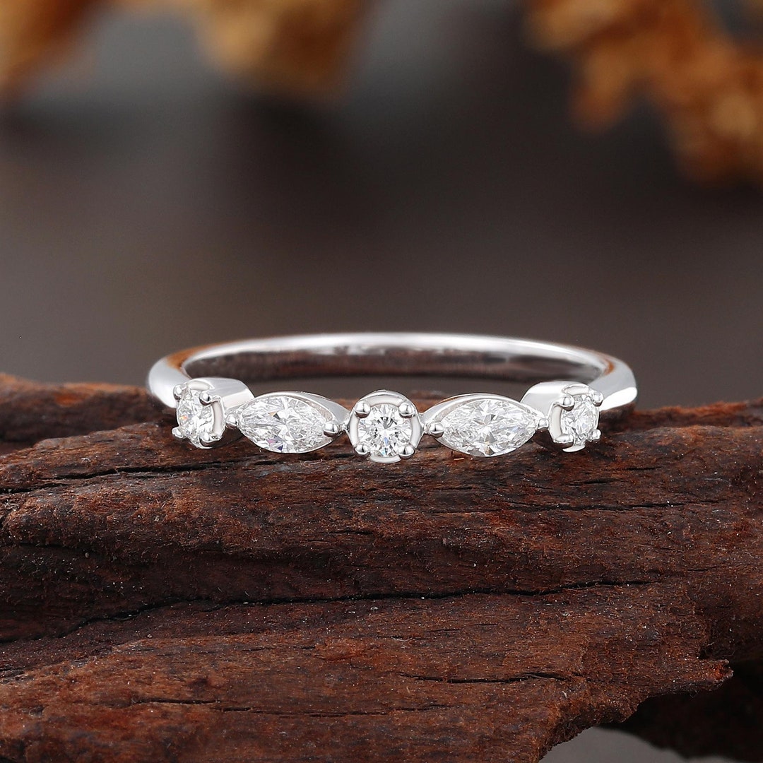 Marquise and Round Cut Lab Grown Diamond Wedding Band, Half Eternity ...