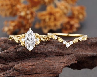 Lab Diamond Marquise Bridal Ring Set, Yellow Gold Leaf Vine Engagement Ring, Nature Inspired Curved Wedding Band