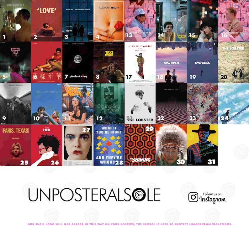 May include: A collection of movie posters, each with unique artwork and titles. The posters feature various films, including "American Beauty," "The Shining," and "Paris, Texas." The overall theme is cinema and film art.