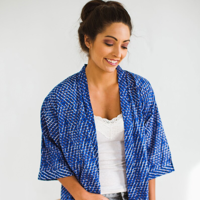 Lounge wear Women/'s tops Casual tops Unisex kimono top Hand block printed haori Kona Navy block printed cotton haori