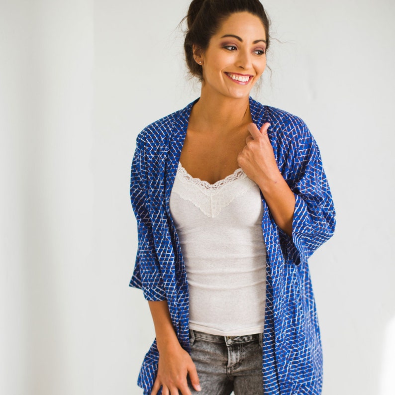 Lounge wear Women/'s tops Casual tops Unisex kimono top Hand block printed haori Kona Navy block printed cotton haori
