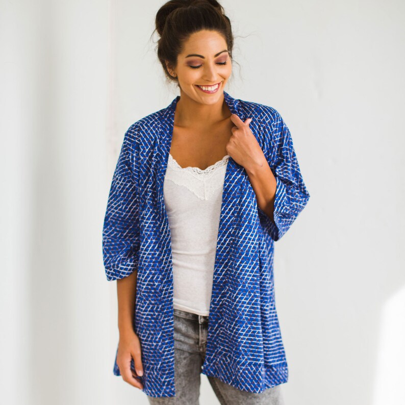 Lounge wear Women/'s tops Casual tops Unisex kimono top Hand block printed haori Kona Navy block printed cotton haori