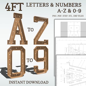 Planos de marquesina de bricolaje de 4 pies, letras y números A-Z y 0-9. Planos de letras iluminadas, archivos de mosaico, svg, dxf, step y más.