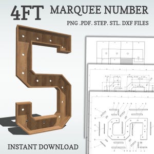 4ft DIY marquee plans, number 5. Light up number blueprints, mosaic files, svg, dxf, step and more.