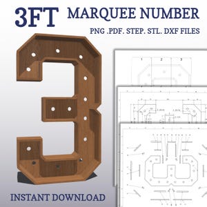May include: A 3-foot tall wooden marquee number 3 with a wood grain finish. The number has a cutout design with holes for lights. The image also includes digital blueprints for the number.