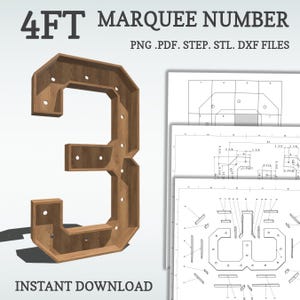 4ft DIY marquee plans, number 3. Light up number blueprints, mosaic files, svg, dxf, step and more.