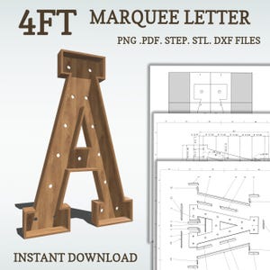 Planos de marquesina de bricolaje de 4 pies, letra A, planos de letras iluminadas, archivos de mosaico, svg, dxf, step y más.
