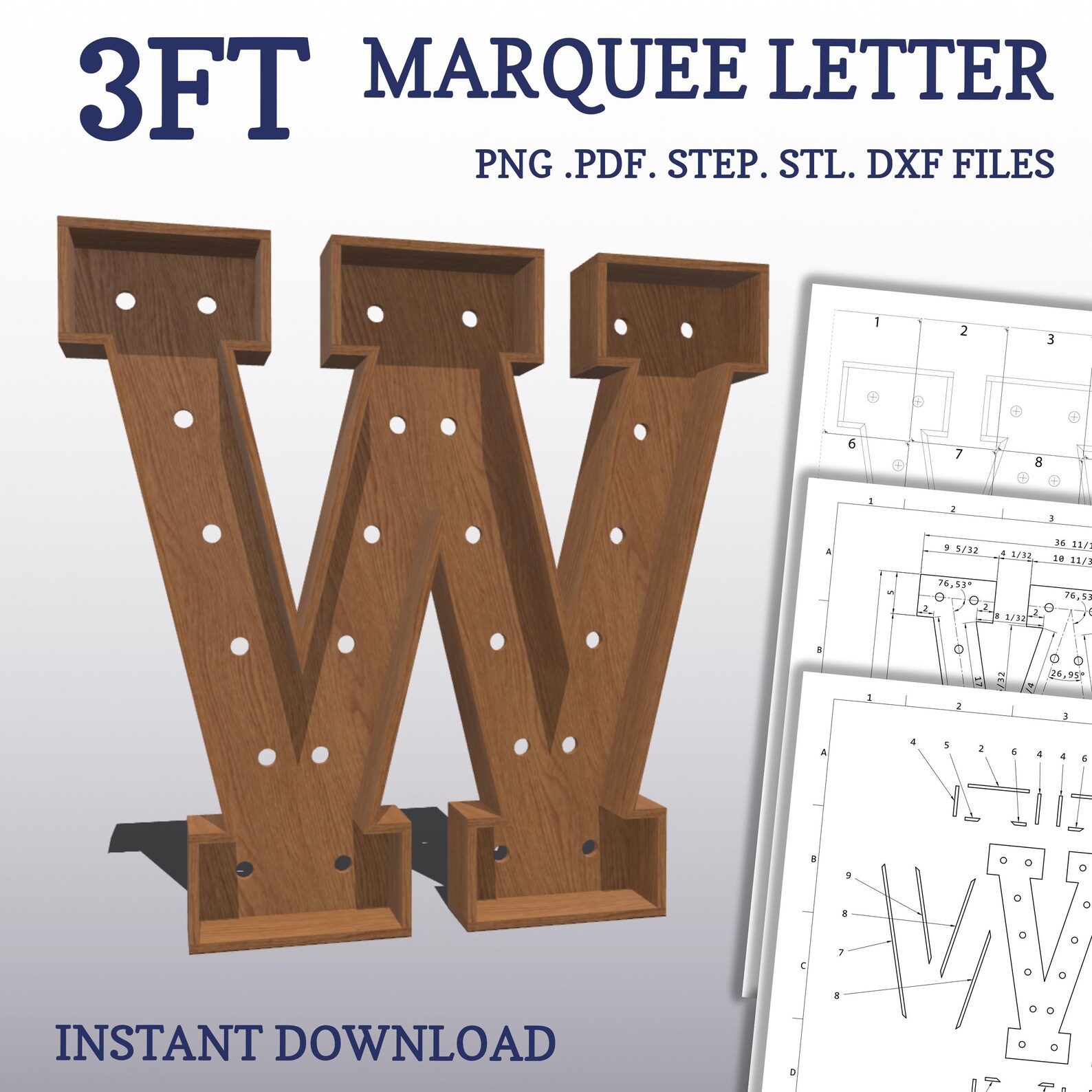 3ft Marquee Plans, DIY Letter W. Light up Letter Blueprints, Mosaic ...