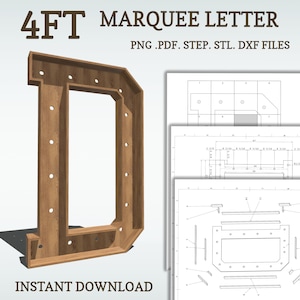 Planos de marquesina de bricolaje de 4 pies, letra D, planos de letras iluminadas, archivos de mosaico, svg, dxf, step y más.