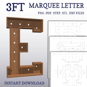 3ft marquee plans, DIY Letter E. light up letter blueprints, mosaic print files, svg, dxf, step and more