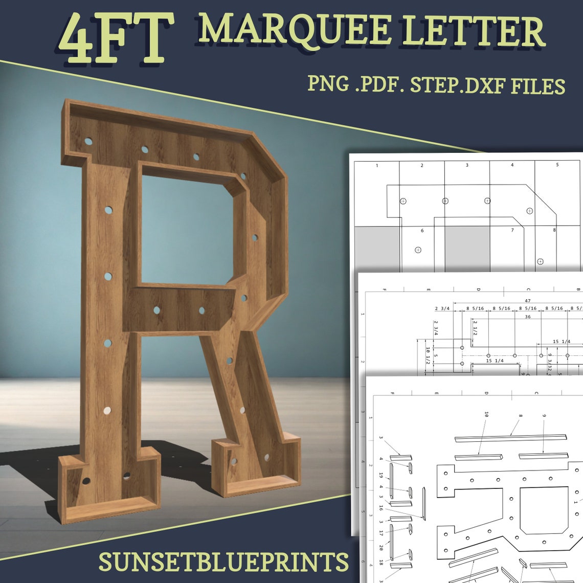 4ft DIY Marquee Plans, Letter R. Light up Letter Blueprints, Mosaic ...