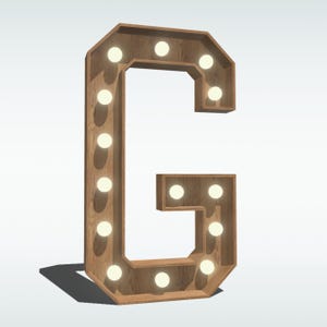 May include: A wooden letter G with light bulbs around the edges. The letter is brown and the bulbs are white.