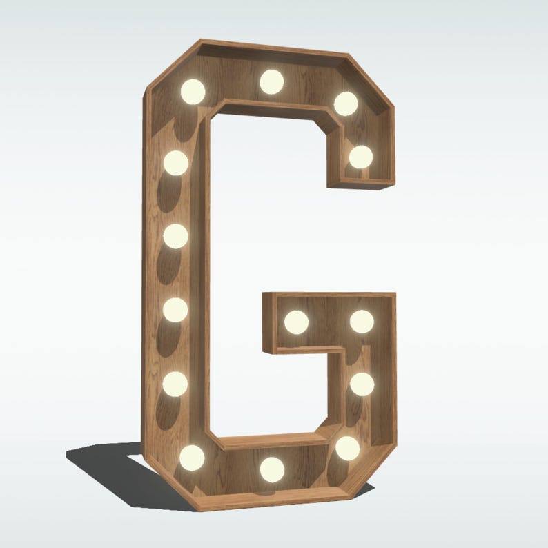 May include: A wooden letter G with light bulbs around the edges. The letter is brown and the bulbs are white.