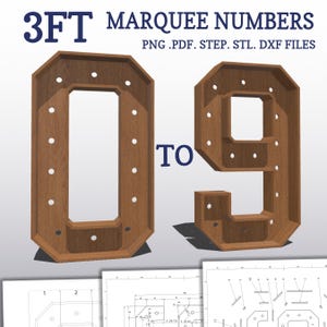 3ft DIY marquee plans, numbers 0-9. Light up number blueprints, mosaic files, svg, dxf, step and more.