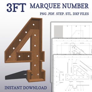 May include: A 3-foot tall wooden marquee number four with a wood grain finish. The number is made up of multiple pieces that are joined together. The number has a shadow cast on the white background. The image also includes a set of technical drawings for the number.