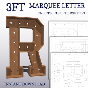 3ft marquee plans, DIY Letter R. light up letter blueprints, mosaic print files, svg, dxf, step and more.