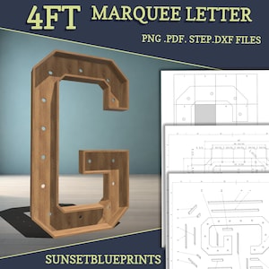 May include: A 4-foot tall wooden letter G, designed to be a marquee letter. The letter is made of wood and has a light brown finish. The letter is shown with a blueprint of the design. The blueprint is labeled with measurements in inches. The image also includes the text "PNG.PDF. STEP.DXF FILES" and "SUNSETBLUEPRINTS".