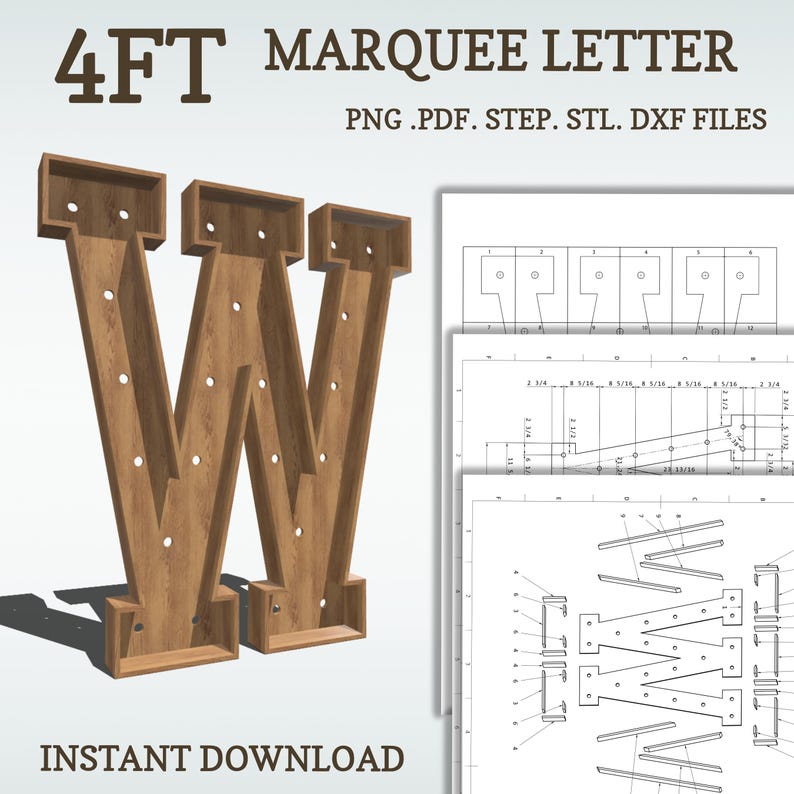 4ft DIY Marquee Plans, Letter W. Light up Letter Blueprints, Mosaic ...