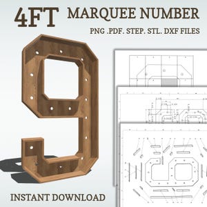 4ft DIY marquee plans, number 9. Light up number blueprints, mosaic files, svg, dxf, step and more.