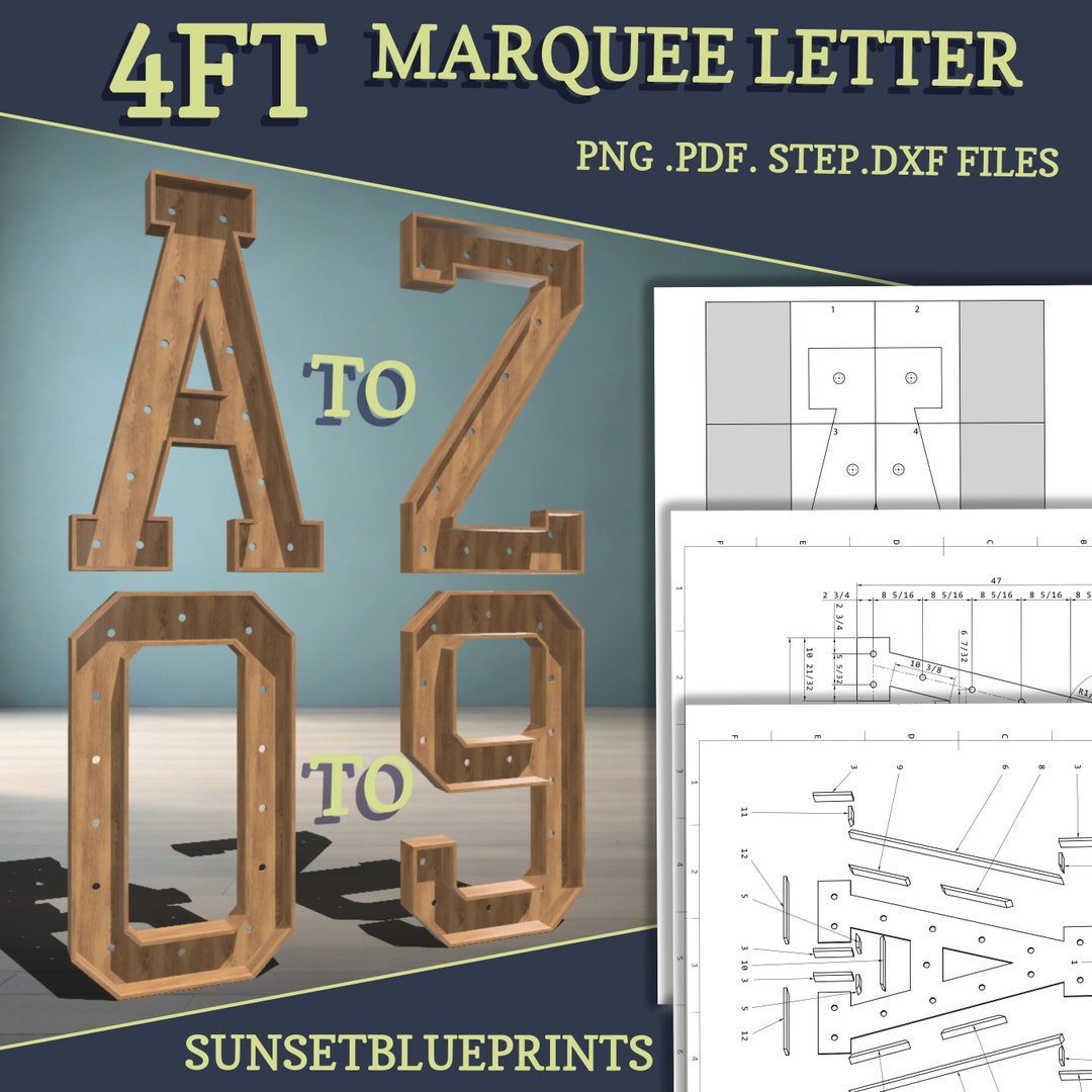 Blueprint Block Lettering 4ft DIY Marquee Plans, Letters and Numbers A-Z & 0-9. Light up Letter ...