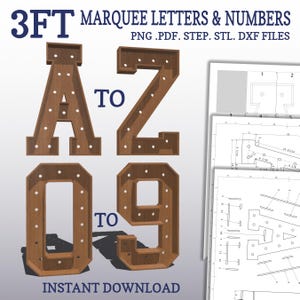 3ft DIY marquee plans, Letters and Numbers  A-Z & 0-9. light up letter blueprints, mosaic files, svg, dxf, step and more.