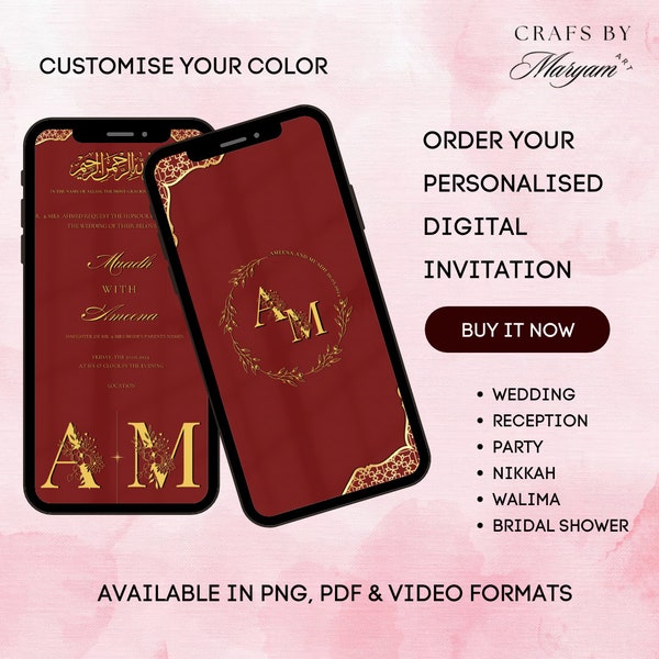 Personalised Digital Wedding/Nikkah/Baraat Invitation Card - Customise in any color