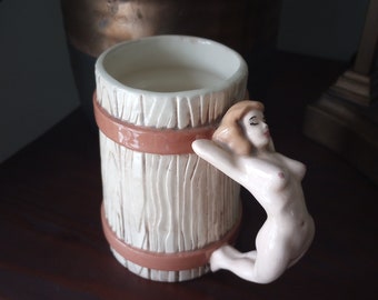 Vintage 1960s Hobbyist Duncan Pin-up Girl Nude Handled Barrel Ceramic Beer Mug