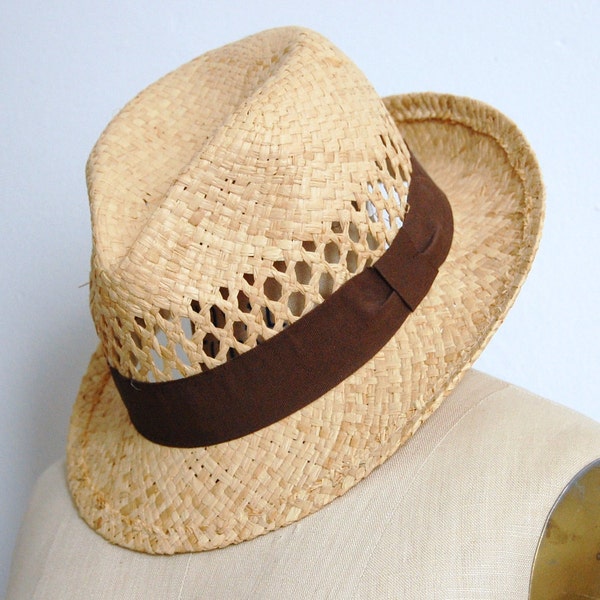 Vintage 1980s Raffia Straw Fedora Hat