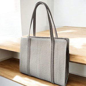 Minimalist Cotton Rope Tote Bag, Rectangular Woven Shoulder Bag in Gray, Handmade Laptop Bag for Women, Eco-Friendly Work Bag, Chic Aesthetic