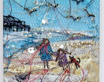 A little walk by the pier,Original embroidery. Mounted size 15 cm sq.