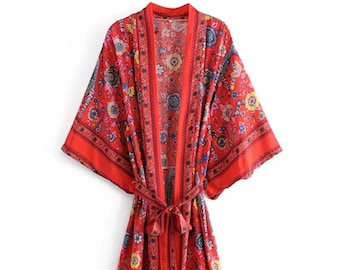 Red Peacock Floral Print Sashes Bohemian Vintage Chic Women Kimono Ladies V Neck Batwing Sleeves Blue Boho Maxi Dress Robe