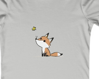 Fox and Butterfly Womens T-Shirt, Cartoon Animal Tee